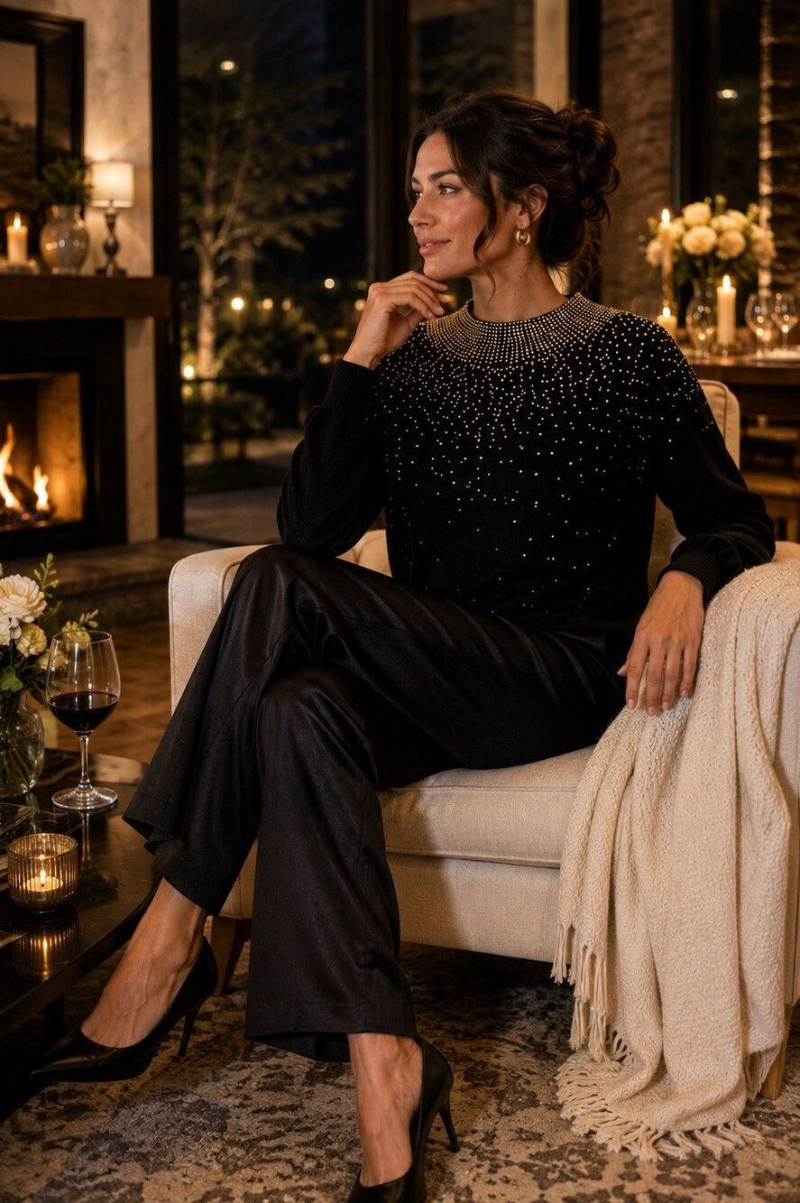 Angenie Black Angora Lambswool Beaded Mock Neck Sweater Women’s M